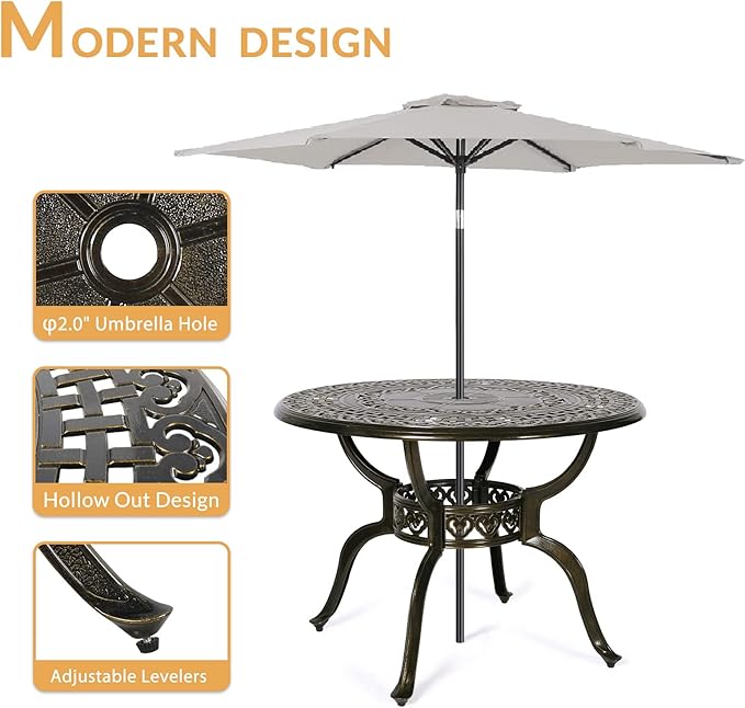 Outdoor Cast Aluminum Patio Table, 38.5” Round Patio Dinning Table with 2” Umbrella Hole for Patio Furniture Garden Deck Backyard