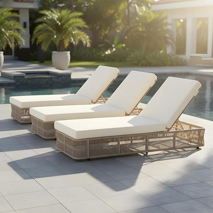 Merax 3-Pieces Outdoor Chaise Lounge Chair Set – Adjustable Woven Rope Sun Lounger with 5-Position Backrest (Frame Only) – Modern Patio Furniture for Pool, Beach & Garden, Beige