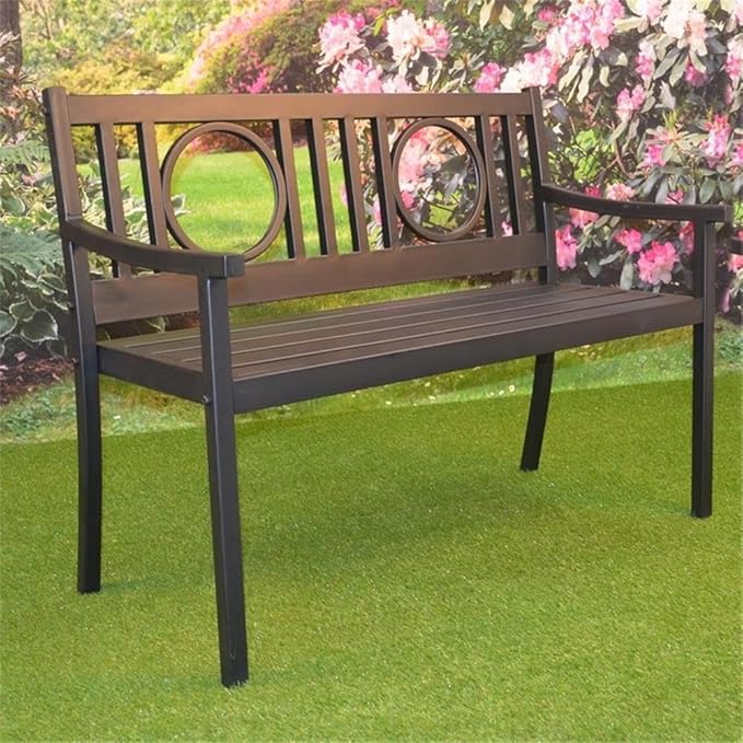 BOWERY HILL Outdoor Metal Bench, 45" W x 24" D x 35" H, Powder-Coated Steel, Black Finish, Elegant Openwork Design, Slatted Seat, Garden, Patio, or Sunroom Furniture