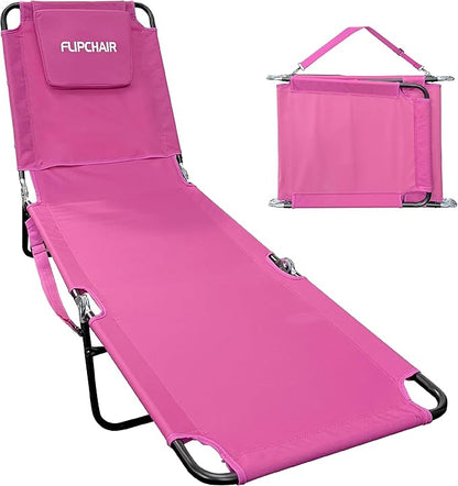 EASYGO PRODUCTS Lawn Chair Chaise Lounge 2 Legs Support Polyester Material Reclining Backrest Head Rest Pillow Great for Beach, Home, Backyard, Outdoor, Patio, Pool, Camping, Lawn or Deck Color Pink