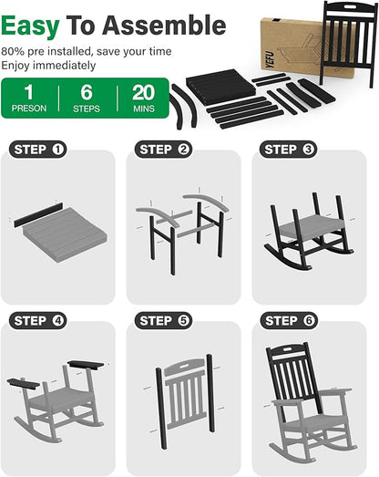 YEFU Outdoor Rocking Chair Porch: Patio Rocking Chair for Adult, Outdoor Rocker Weather Resistant, Easy to Assemble, Safe&Comfortable, Black