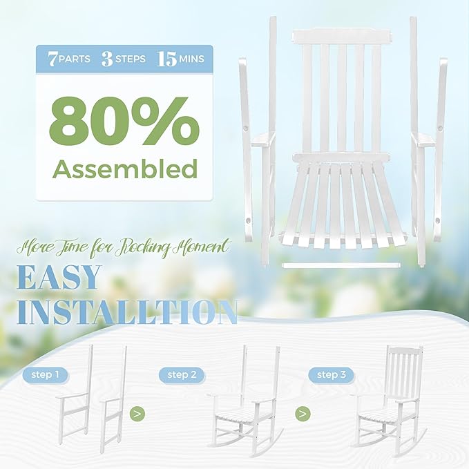 Flamaker Acacia Wood Patio Rocking Chair Set of 2, High Back and Widen Armrest for Adults, Solid Wood Porch Rocking Chair for Lawn, Garden, Backyard (White)