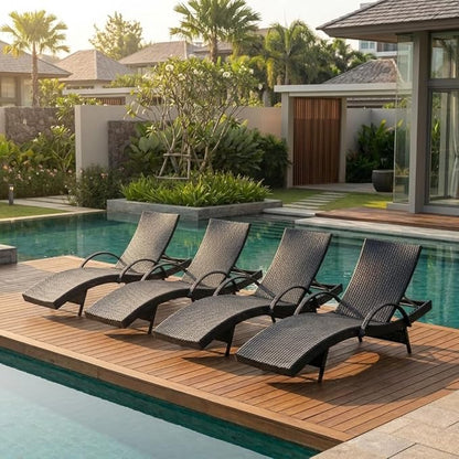 Wicker Outdoor Lounge Chairs with Pull Out Side Table, Pool Lounge Chairs Set of 4, Rattan Outdoor Lounger, Adjustable Backrest Patio Chaise Lounges for Garden, Backyard, Tanning Chair, Dark Brown