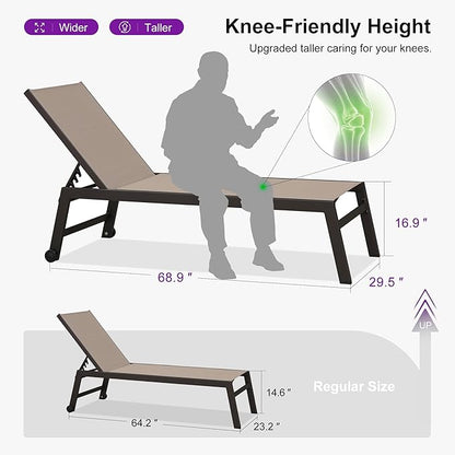 PURPLE LEAF Oversized Patio Lounge Chairs Set of 3, Reclining Pool Lounge Chairs with Side Table and Wheels for All Weather for Outdoor, Deck, Lawn, Aluminum Outside Pool, Taupe