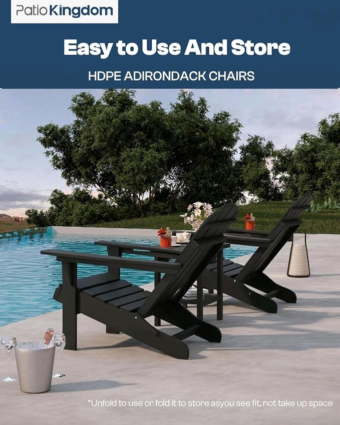 Black 6-Piece Folding Adirondack Chair Set with Cup Holders, Ottomans, Side Table & Beige 9FT Patio Umbrella with Base - Photo 9