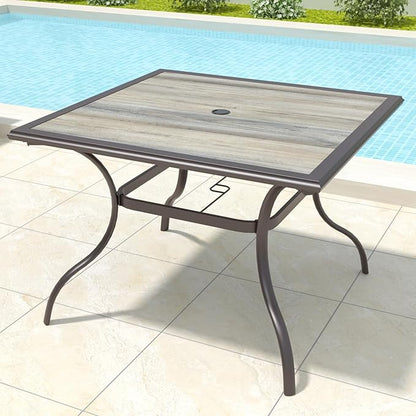 Outdoor Dining Table with Square Wooden-Like PVC Table Top and Umbrella Hole for Bistro, Garden, Poolside, Backyard -Laminated Top Brown Metal Steel Frame