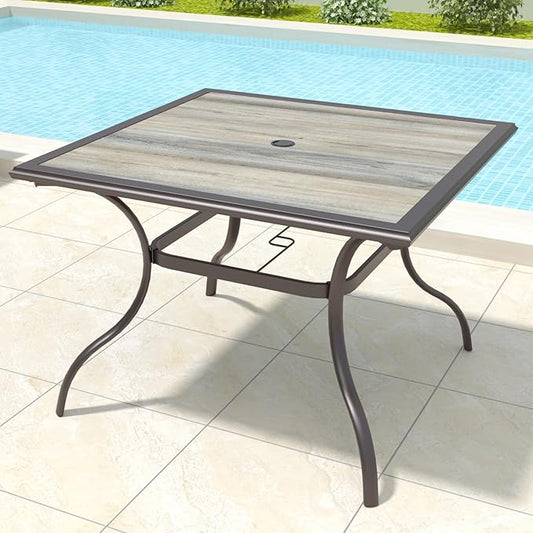 Outdoor Dining Table with Square Wooden-Like PVC Table Top and Umbrella Hole for Bistro, Garden, Poolside, Backyard -Laminated Top Brown Metal Steel Frame
