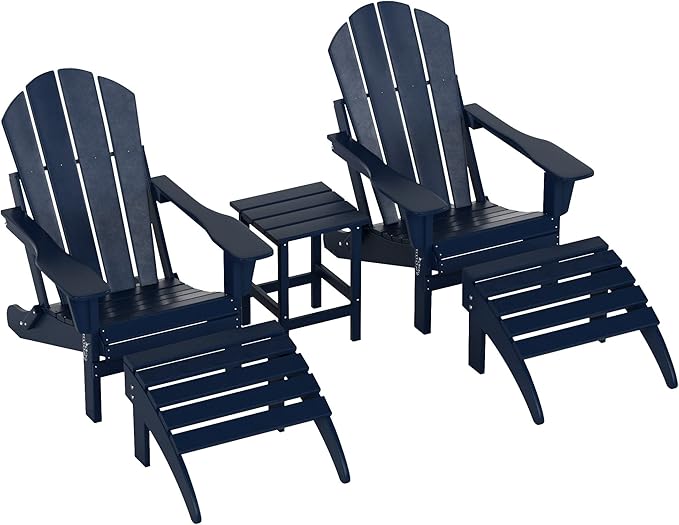 WestinTrends Malibu Outdoor Lounge Chairs Set, 5-Pieces Adirondack Chair Set of 2 with Ottoman and Side Table, All Weather Poly Lumber Patio Lawn Folding Chair for Outside, Navy Blue