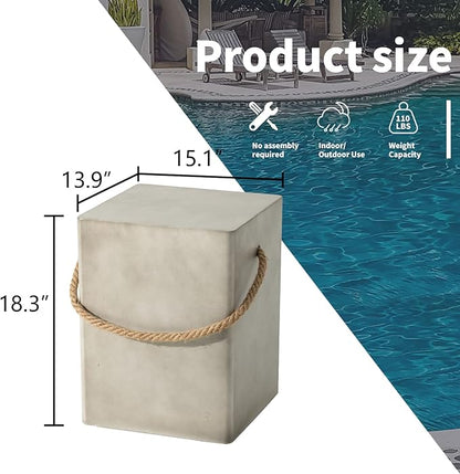 HOMPUS Outdoor Side Table w Hemp Rope Handle, Patio MgO Concrete Natural End Table, Square Accent Small Coffee Table for Garden, Patio, Porch and Deck, Light Grey