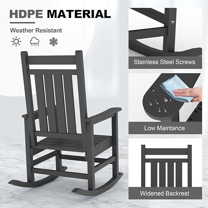 Outdoor HDPE Rocking Chairs, HDPE Oversized Patio Rocking Chairs, All Weather Resistant Porch Rocker, Heavy Duty Front Plastic Rockers for Outside