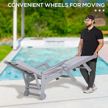 Outdoor Chaise Lounge Chair with Table, 5-Position Adjustable Patio Lounge Chair with Wheels & Cup Holder, HDPE Pool Lounge Chair for Outside, Poolside & Beach (Grey)