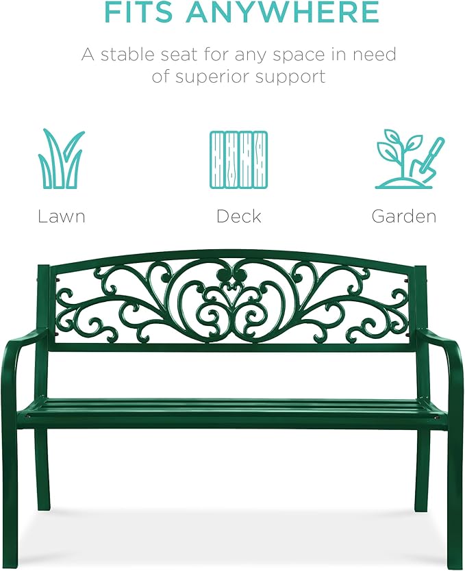 Best Choice Products Outdoor Bench Steel Garden Patio Porch Furniture for Lawn, Park, Deck w/Floral Design Backrest - Photo 3