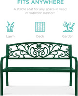 Best Choice Products Outdoor Bench Steel Garden Patio Porch Furniture for Lawn, Park, Deck w/Floral Design Backrest - Photo 3