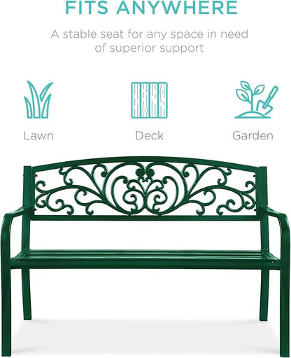 Best Choice Products Outdoor Bench Steel Garden Patio Porch Furniture for Lawn, Park, Deck w/Floral Design Backrest, Slatted Seat - Dark Green
