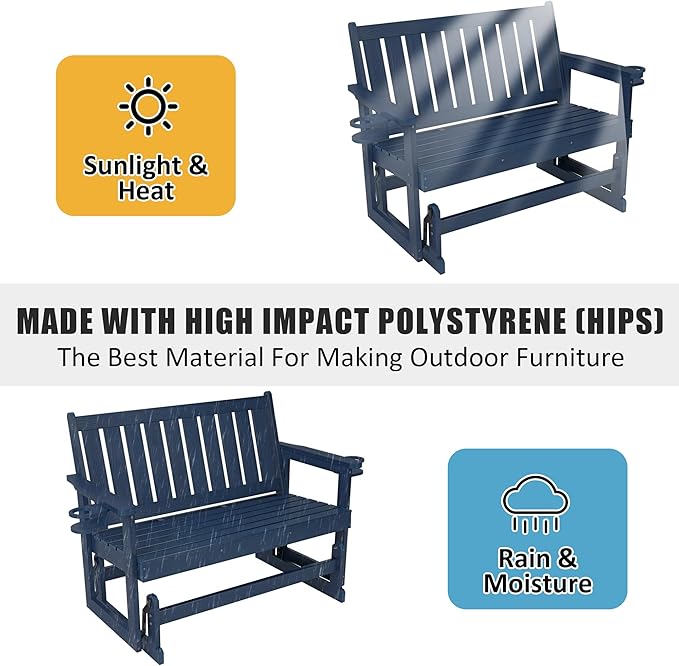 Poly Lumber Patio Glider, Durable HIPS Material, Weather-Resistant Swing Bench for Outdoor Porch Garden (Navy Blue - Photo 4