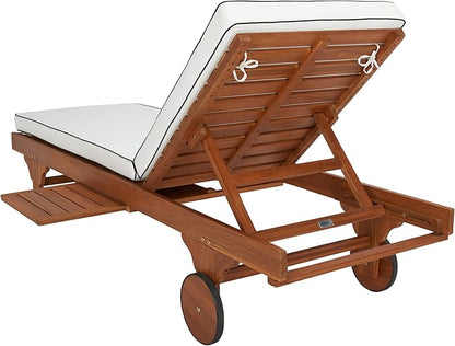 SAFAVIEH Outdoor Collection Newport Natural/Beige Cushion Black Piping Chaise Lounge Chair with Side Table