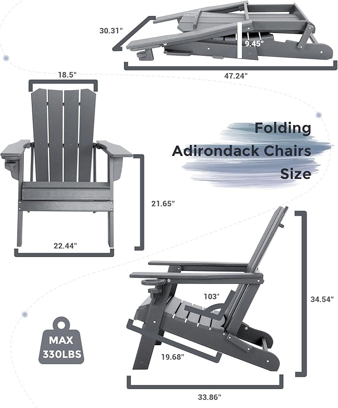 Adirondack Chair Oversized Folding Adirondack Chairs Recyclable HDPE Modern Adirondack Chair with Cup Holder Poly Lumber Patio Chairs for Pool Patio Garden Outdoors Fire Pit Grey