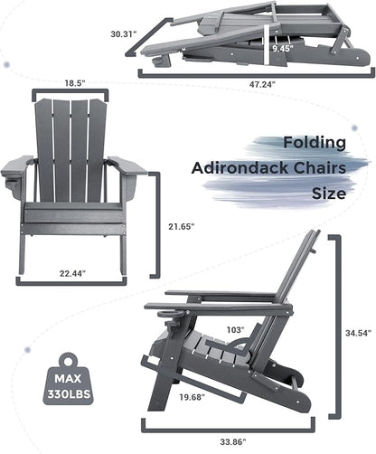 Adirondack Chair Oversized Folding Adirondack Chairs Recyclable HDPE Modern Adirondack Chair with Cup Holder Poly Lumber Patio Chairs for Pool Patio Garden Outdoors Fire Pit Grey