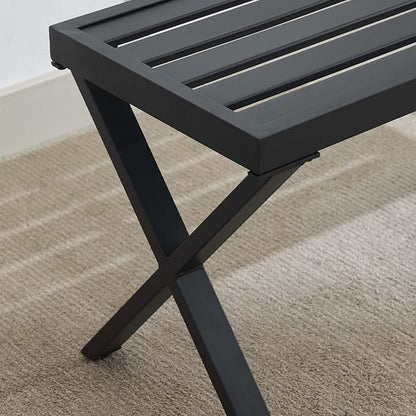 Outdoor Metal Backless Bench Weatherproof Patio Bench with Slatted Seat, X-Shaped Legs, All-Weather Garden Bench for Porch, Patio, Lawn and Backyard, Black