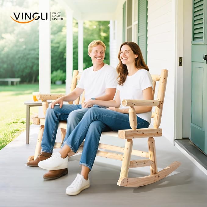 VINGLI Fir Wood Double Rocking Chair for Porch & Garden - 550lb Capacity Weather-Resistant Outdoor Loveseat with High Backrest, Patio Rocker for Backyard, Deck, Natural
