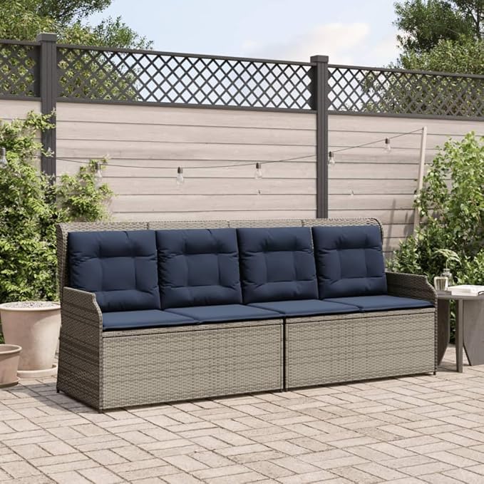 Outdoor Reclining Patio Bench with Adjustable Armrests, 2-Person PE Rattan Garden Seat, Grey Modern Weather-Resistant Terrace Furniture