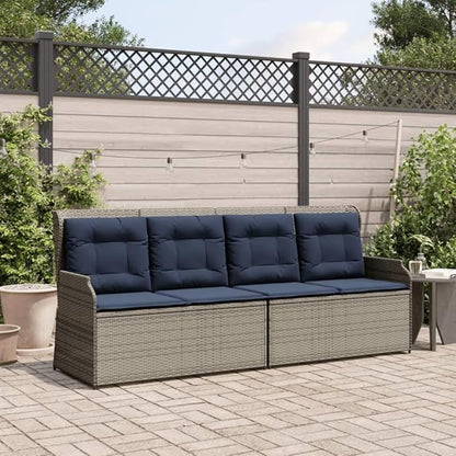Outdoor Reclining Patio Bench with Adjustable Armrests, 2-Person PE Rattan Garden Seat, Grey Modern Weather-Resistant Terrace Furniture