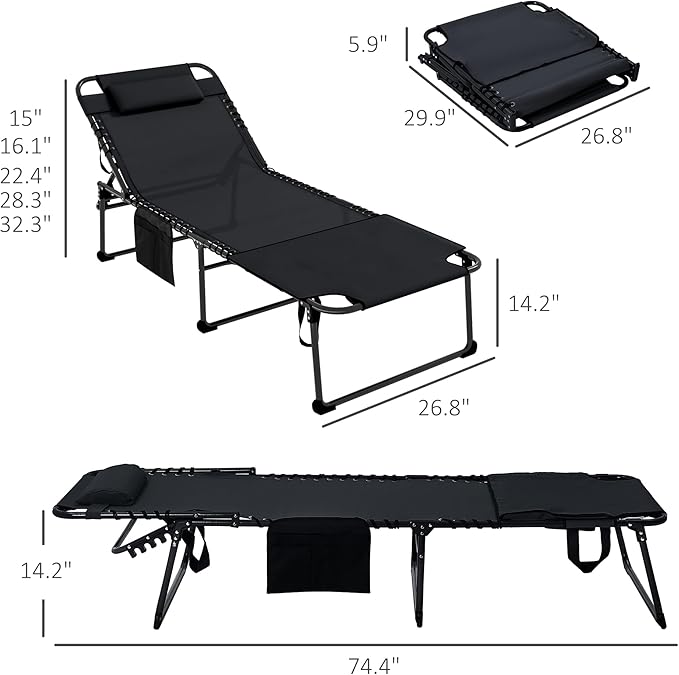 Folding Chaise Lounge Chair,5-Level Adjustable Reclining Back with Reading Face Hole, Outdoor Sun Tanning Chair for - Photo 3