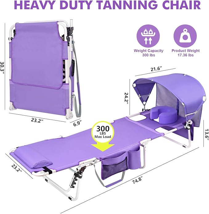 Tanning Chair with Sun Canopy Face Hole Softer Padded Adjustable Washable, Heavy Duty Layout Folding Lounge Chair for Adults Outside Beach Reading Sunbathing Poolside Lawn, UPF 50+ Sun Shade, 300 LBS