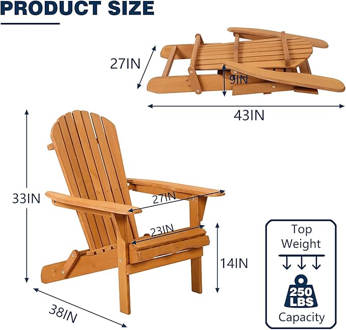 Folding Adirondack Chair Outdoor Patio Chairs Weather Resistant Lounger Chair Lawn Chair with Arms Wooden Accent Furniture for Patio Deck Garden Backyard Deck 1 Pieces Natural