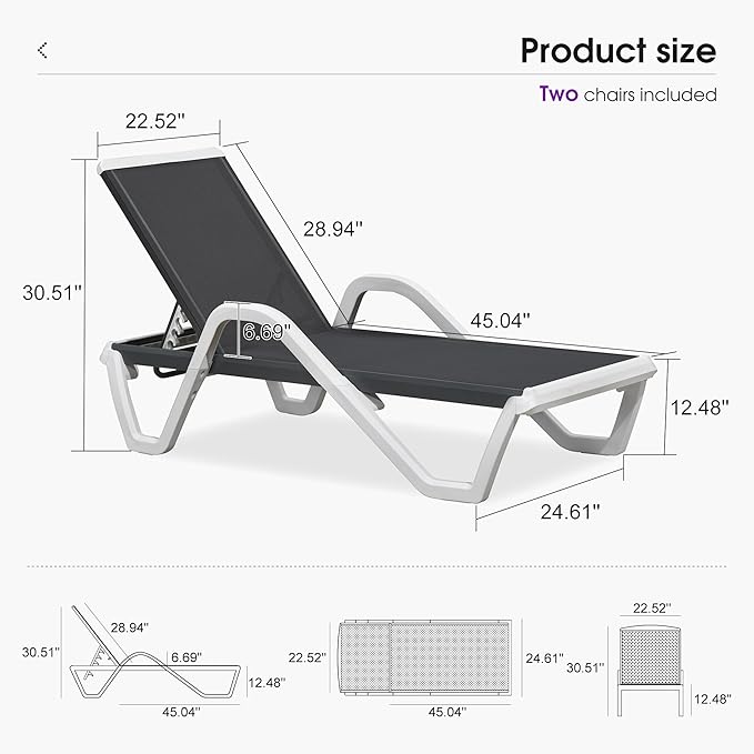 PURPLE LEAF Patio Chaise Lounge Set of 2 Plastic Pool Outdoor Lounge Chair with Armrest Stackable Poolside Tanning Chairs for Beach Deck Yard Sunbathing, Dark Grey