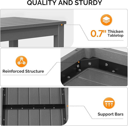 VINGLI Outdoor Coffee Table, HDPE Patio Coffee Table for Outside, All-Weather Rectangle Coffee Table for Deck, Garden, Balcony, Porch, Indoor & Outdoor Use (Gray)