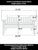 Amish Casual Heavy Duty 800 Lb Mission Treated Garden Bench, 5-Foot, Semi Solid Grey Stain - Photo 2