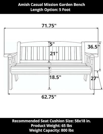 Amish Casual Heavy Duty 800 Lb Mission Treated Garden Bench, 5-Foot, Semi Solid Grey Stain