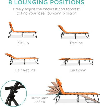 Best Choice Products Patio Chaise Lounge Chair, Portable Outdoor Folding Recliner for Lawn, w/ 8 Positions, Handles, 300lb Capacity - Orange