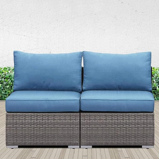 Solaste Wider 2 Pieces Outdoor Sofa, Patio Rattan Sectional Sofa, All-Weather Wicker Armless Patio Loveseat Furniture with Cushion for Porch Balcony Garden Poolside (Blue)