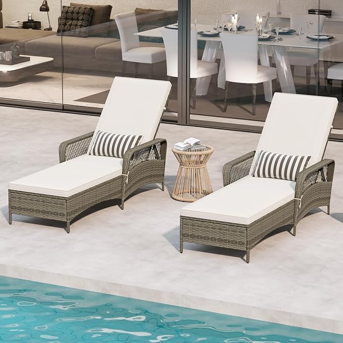Wicker Chaise Lounge Chair Set of 2, Patio Rattan Recliner with 6-Position Adjustable Backrest, Soft Cushions, Removable Lumber Pillow & Armrests for Poolside & Backyard (Off White)