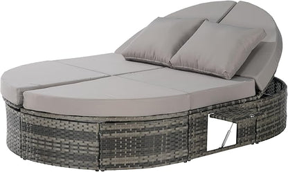 JOSHEN 78" Outdoor Chaise Lounge Chair,Patio Round Daybed,Reclining Wicker Rattan Sun Bed with Adjustable Backrests and Foldable Cup Trays for Backyard,Poolside,Light Gray