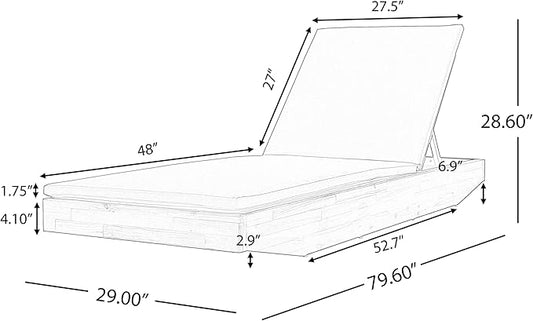 Acacia Wood Chaise Lounge with 2-Fold Thin Cushion - Teak Finish Outdoor Recliner with Cream Water-Repellent Cushion, 79.6" L x 29" W, 300 lbs