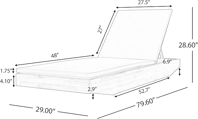 Acacia Wood Chaise Lounge with 2-Fold Thin Cushion - Teak Finish Outdoor Recliner with Beige Water-Repellent Cushion, 79.6" L x 29" W, 300 lbs