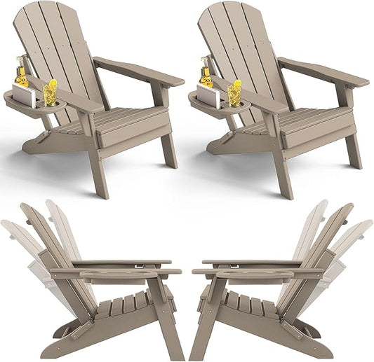 Adjustable Adirondack Chair Set of 4 with Cup Holder, All Weather HDPE Fire Pit Chairs for Deck, Backyard, Patio, Brown