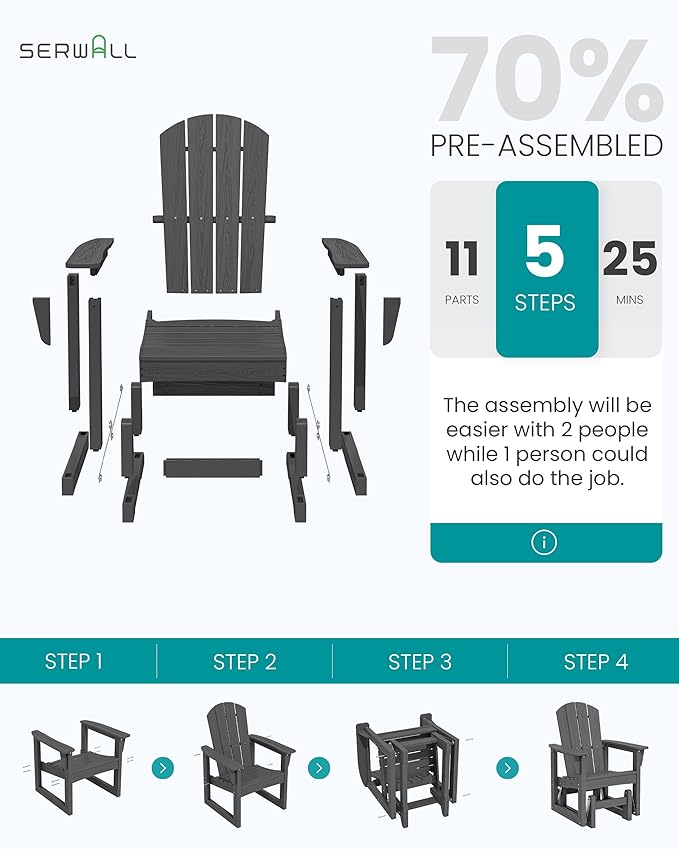 SERWALL Outdoor Glider Chair Set of 4, HDPE Wood-Like Patio Glider Rocker All-Weather Porch Glider for Outside, Gray - Photo 9