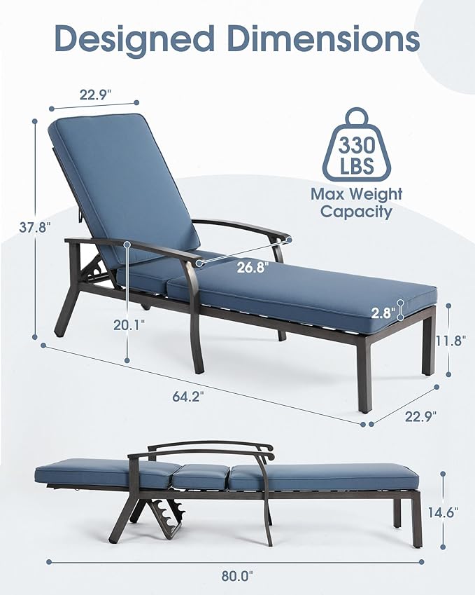 HOMEFUN Outdoor Chaise Lounge Chair, Hand-Brushed Wood Grain Cast Aluminum Reclining Lounger with Cushion - Photo 2
