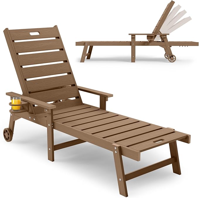 YEFU Lounge Chair Outdoor Chaise: Outdoor Chaise Lounge with 5-Level Adjustable Backrest, Cup Holders & Wheels, All-Weather Resistance Chaise Lounge for Outside/Patio/Beach/Deck, Teak