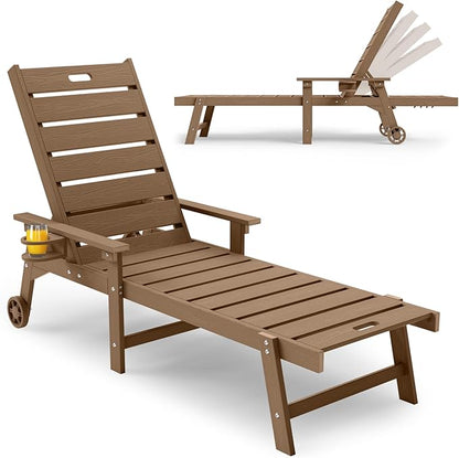 YEFU Lounge Chair Outdoor Chaise: Outdoor Chaise Lounge with 5-Level Adjustable Backrest, Cup Holders & Wheels, All-Weather Resistance Chaise Lounge for Outside/Patio/Beach/Deck, Teak