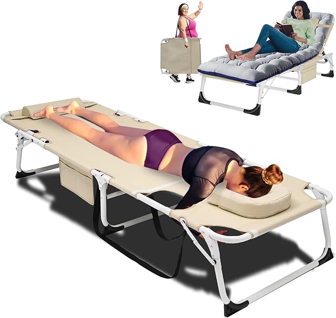 ABORON 4-in-1 Lounge Chair with Face & Arm Holes for Tanning, 440LB Heavy-Duty Folding Recliner with Plush Cotton Cushion, No Assembly Tri-Fold Guest Bed for Sunbathing, Poolside, Office Nap & Camping