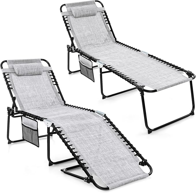 GYMAX Lounge Chairs for Outside, Extra High Folding Beach Tanning Lounger with Adjustable Backrest - Photo 1