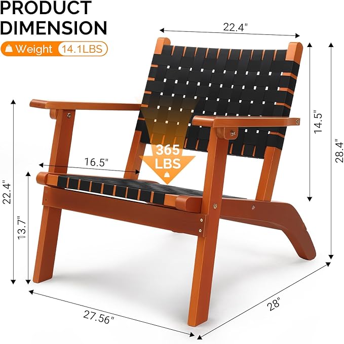 VINGLI Outdoor Armchair, All-Weather Wooden Patio Chair with Waterproof PE Woven Fabric, Adirondack Chair for Garden, Lawn and Poolside (1, Black and Brown)