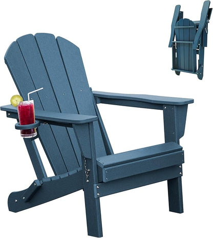 Domi Folding Adirondack Chair, HDPE Adirondack Chair with Cup Holder, Wooden Textured Fire Pit Chairs for Patio Backyard Lawn, Dark Blue