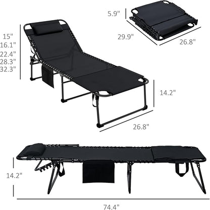 Outsunny 2 Piece Folding Chaise Lounge with 5-Level Reclining Back, Tanning Chair with Face Hole, Outdoor Lounge Chair with Side Pocket & Headrest for Beach, Yard, Patio, Black