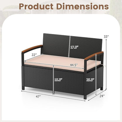 Tangkula 46 Gallon Outdoor Bench with Storage, Outdoor PE Rattan Storage Bench with Cushion, Backrest & Acacia Wood Armrests, Metal Frame, Waterproof Deck Box Seat for Porch Backyard Poolside